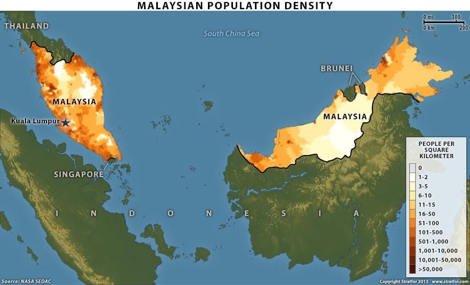 マレーシアの人口密度の地図